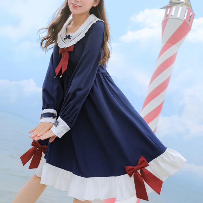 

HOUZHOU Women Dress Kawaii Lolita Bow Navy Long Sleeve Dresses Preppy Style Patchwork Spring Autumn Ruffles Sweet Outfits Robe