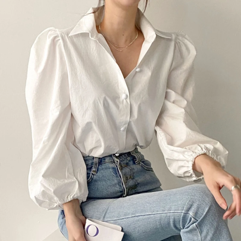 

Korea chic puff sleeve white shirt female niche design temperament shirt spring and autumn 2021 new chic top