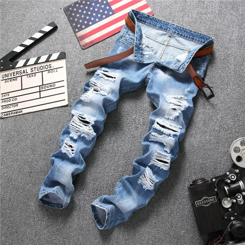

Fashion ripped washed light blue slim small straight men's trousers trend
