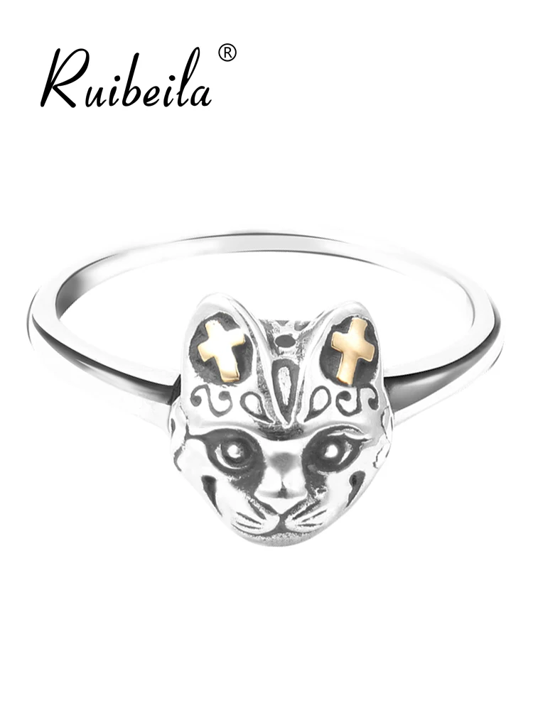 

Ruibeila trendy skull cat genuine 925 sterling silver female models men retro Thai silver hip-hop personality animal ring