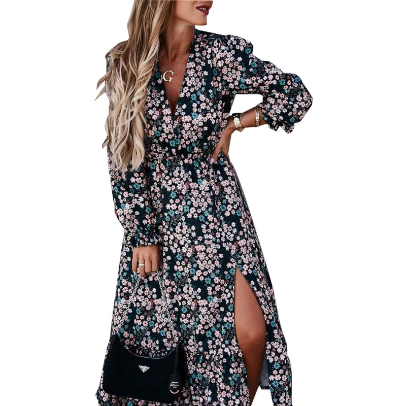 

2021 Summer Shirt Dress Women Bohemian Sexy Split Floral Printed Dresses Casual Beach V Neck A Line Mid-calf Dress Vestido Mujer