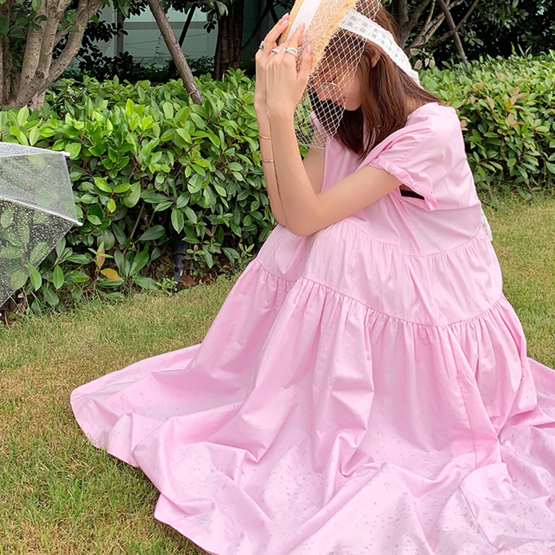 

GALCAUR Sweet Pink Dress For Women O Neck Puff Short Sleeve Mid Patchwork Ruched Solid Dresses Female Fashion Clothes 2021 Style