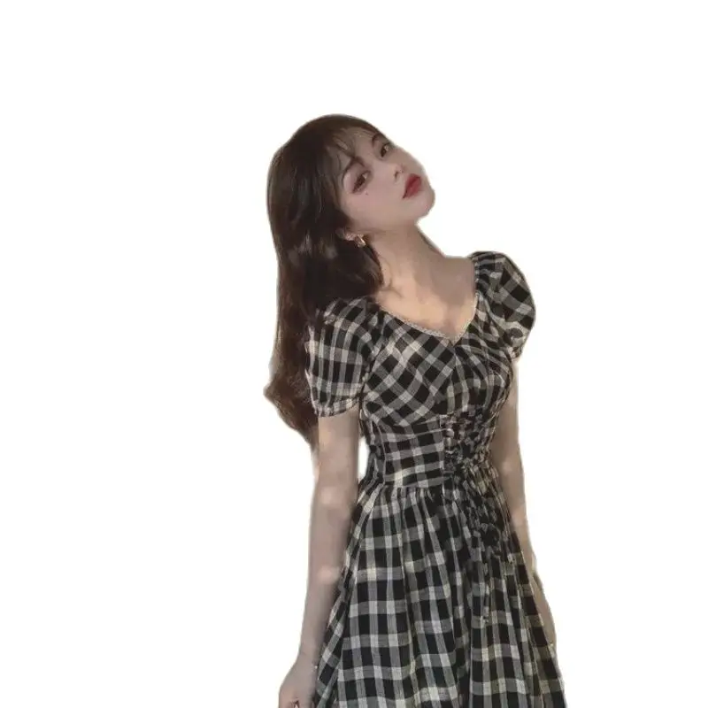 

ZOGAA Dresses For Women 2021 New Summer Dress Waist French Long Skirt Female Chic And Elegant Retro Plaid Dress Plus Size