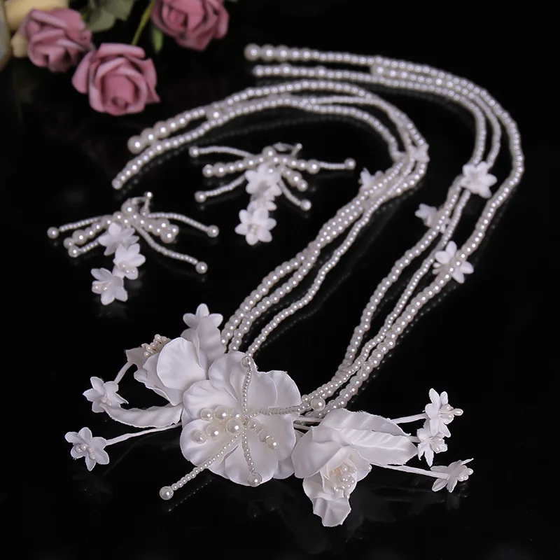 

Multi Layer Beads Flower Tassel Hair Band Earring Set Bridal Jewelry