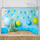 Виниловый фон для портретной фотосъемки, Виниловый фон с синими и зелеными воздушными шарами и флажками для праздвечерние вания дня рождения