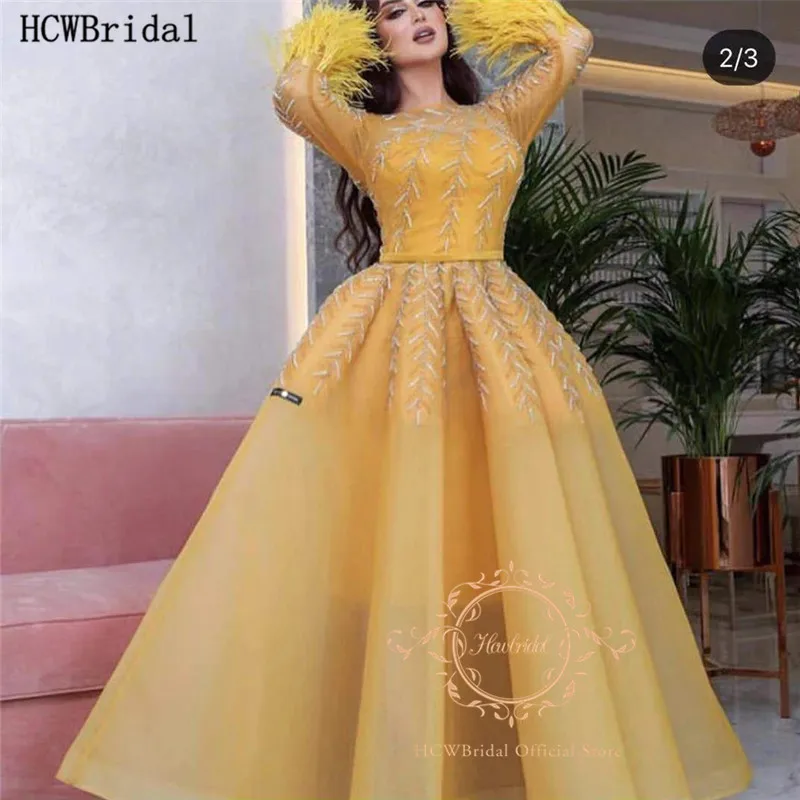 Exquisite Long Sleeves Gold Beads Arabic Evening Dress With Feather High Quality Organza Plus Size Special Occasion Prom Gowns | Свадьбы и