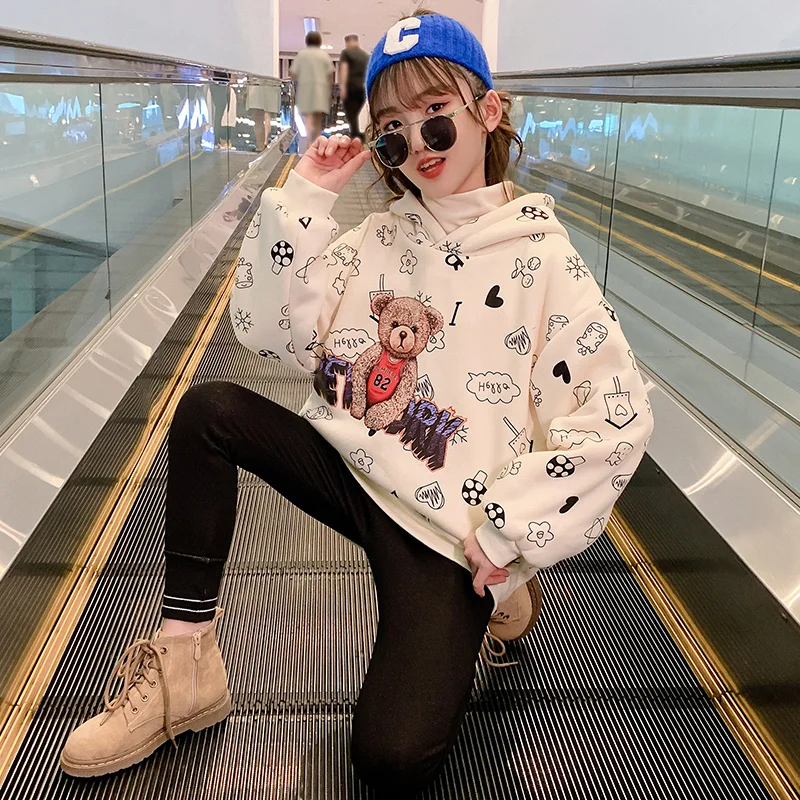 

Осенние худи с мультяшным медведем, Детский Повседневный пуловер, свитшот для девочек-подростков, детская модная одежда