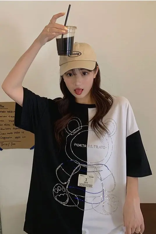 

2021 summer new color contrast stitching hot drilling bear short sleeve medium length t-shirt female 6535 cotton 6017#p30