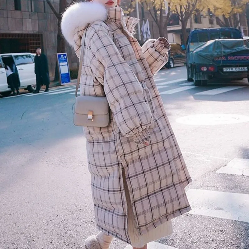 Женский пуховик с капюшоном длинное пальто в клетку из натурального Лисьего меха