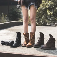autumn and winter new womens boots motorcycle boots belt buckle versatile lace up middle boots leather boots