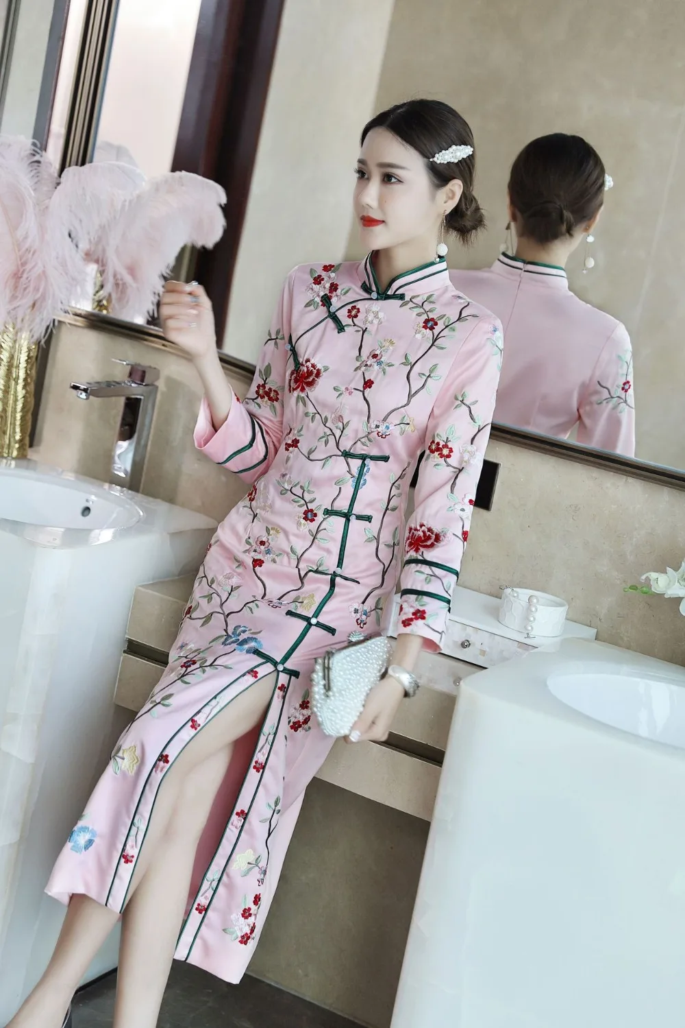 Свадебные вечерние традиционная китайская одежда с цветочной вышивкой qipao для женщин