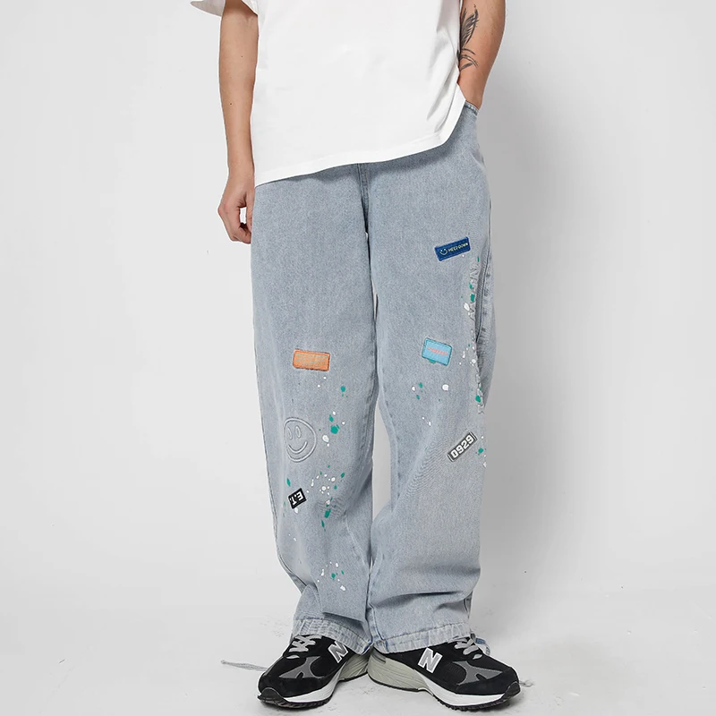

Harem Denim Jeans Embroidery Smile Face Graffiti Ink Jogger Baggy Pants Streetwear Men Hip Hop Harajuku Casual Trousers