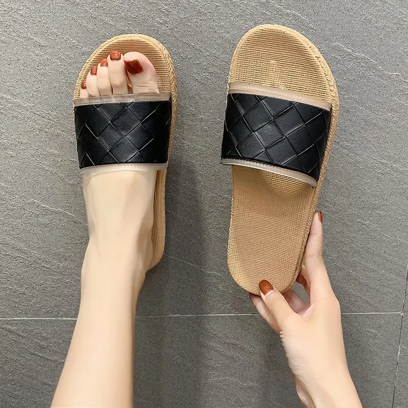 

Beach Shoes Slippers Soft Platform Slipers Women Low Slides Sabot Comfort Summer 2021 Basic Fabric Rome Hoof Heels PU Concise