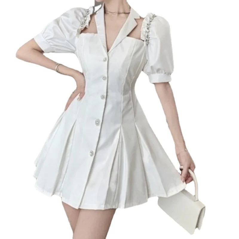 

Women Office Lady Dress Summer French Elegant Sexy Design Sense Fashionable Pleated Studded Temperament Puff Sleeve Vestidos