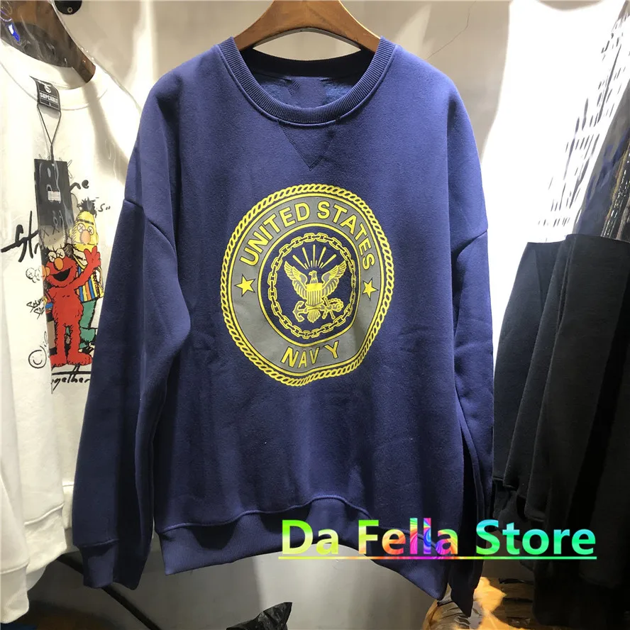 

Kanye West Navy Sweatshirts Men Women High Quality Vintage United States Reflective Logo Printed O-neck Hoodie Asian Size