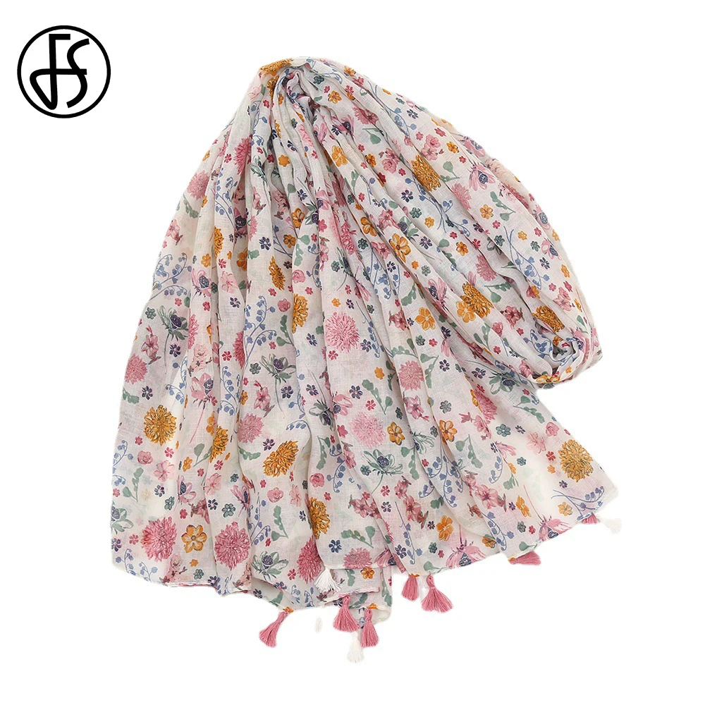 

FS Korean Cute Style Pink Floral Print Cotton Linen Fringed Winter Scarf For Women Girl Soft Long Shawls And Wraps Foulard 2021