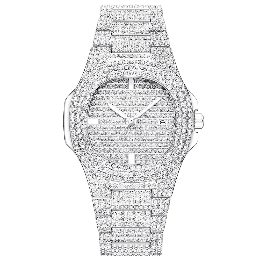 Прямая поставка мужские часы со стразами кварцевые в стиле хип хоп золотые