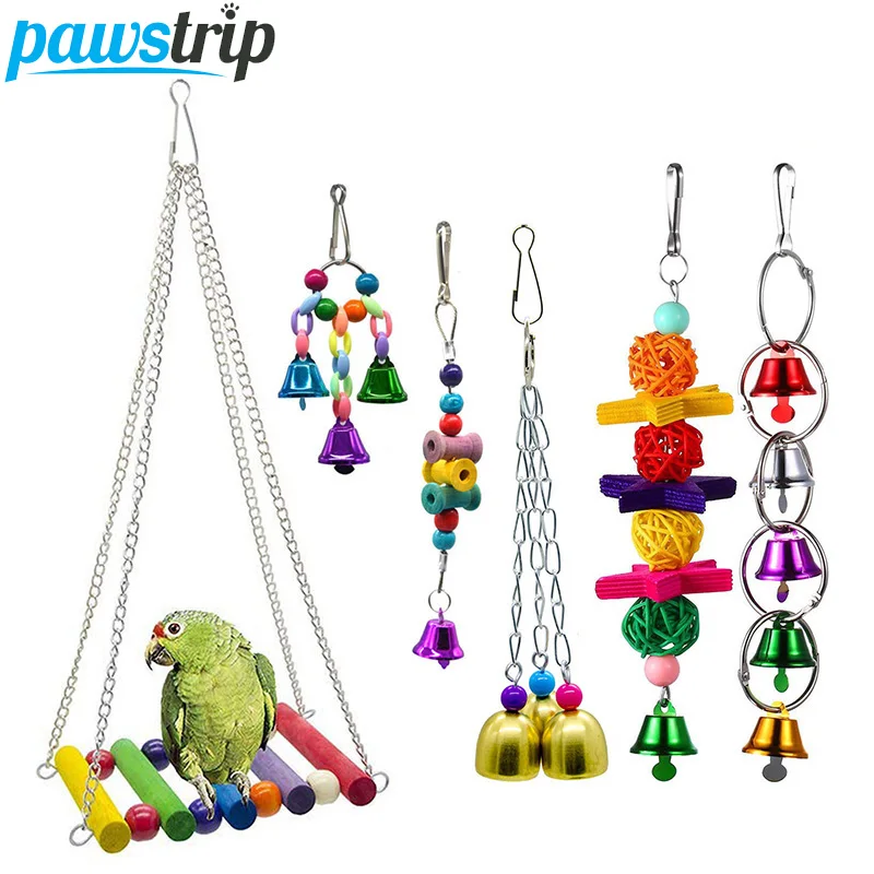 

pawstrip 6pcs/set Pet Bird Toys Wooden Bird Perches Parrot Stand Climbing Hanging Bell Toy For Cockatiels Birds Parrot Toys