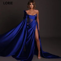 lorie blue simple satin off the shoulder prom dresses 2021 long evening gowns party dress side slit formal gown custom made