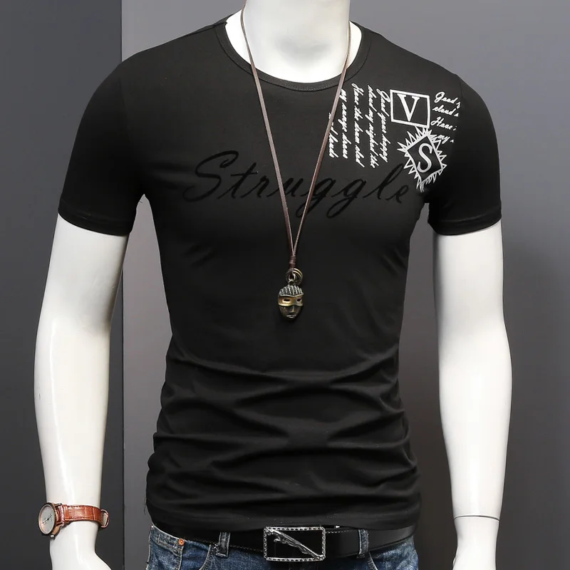 

Sleeve Men Black Short T-Shirt Fashion Letter Printed Stretch Cotton Slim Fit Tshirt Summer O-Neck Tops Tees