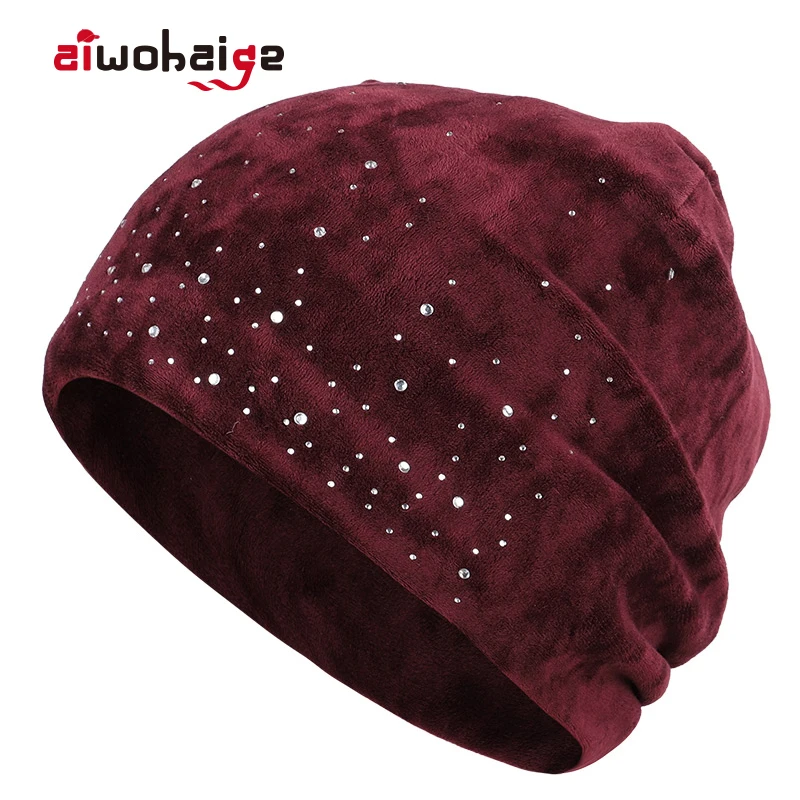 2019 New Ladies Fashion Shiny Rhinestone Beanie Autumn Winter Woman Velvet Fabric Casual Hat Female Soft Cap Slouchy Bonnet Ski |