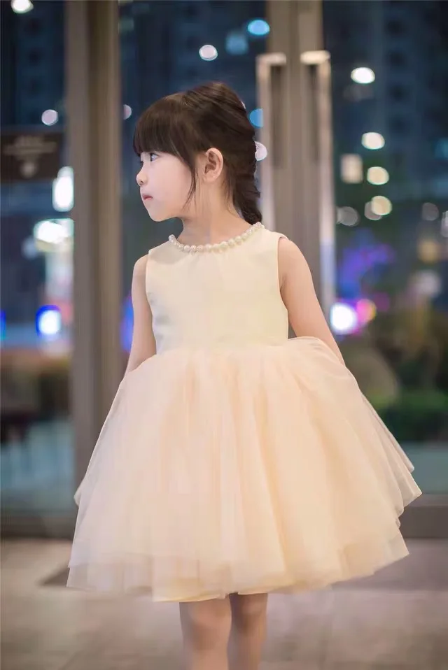 Платья для девочек из тюля цвета шампанского особых случаев платья с бисером