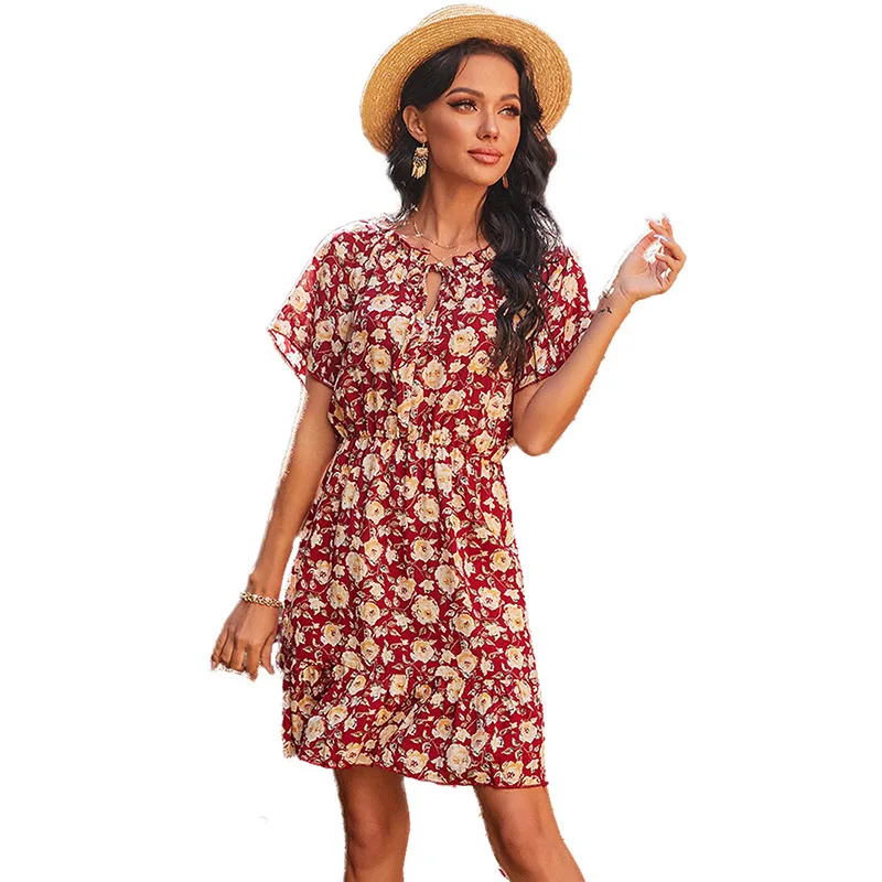 

Spring New Loose Casual Mid-Length High-Waist Tightening Strap Short-Sleeved Printed Dress