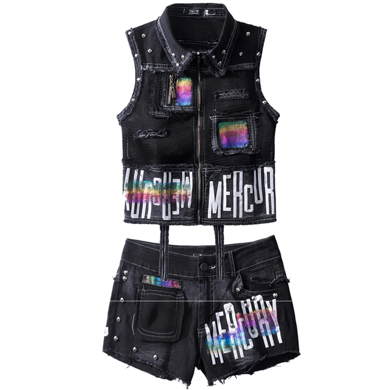 Высокое качество женский жилет без рукавов в стиле панк Хит шорты 2 шт. джинсовый