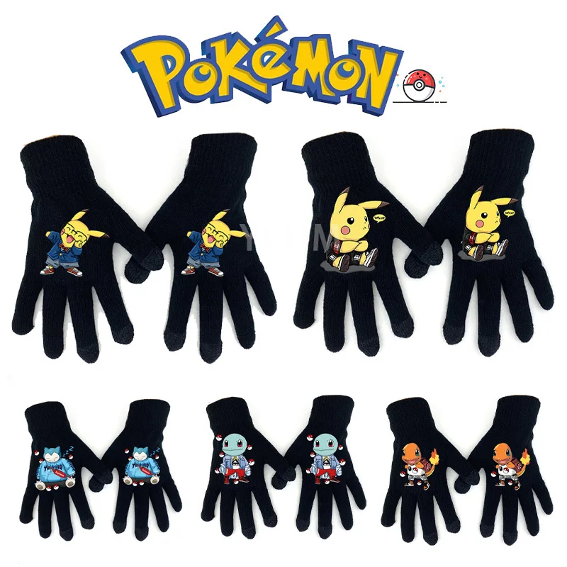 Вязаные перчатки с аниме покемоном Пикачу черные шерстяные мужские и женские
