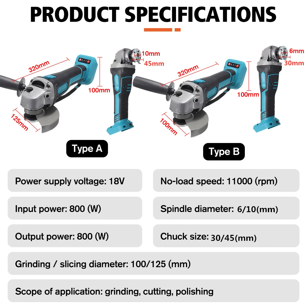 

800W 100mm/125mm Brushless Cordless Impact Angle Grinder 2 Speed For Makita 18V Battery Power Tool Cutting Machine Polisher