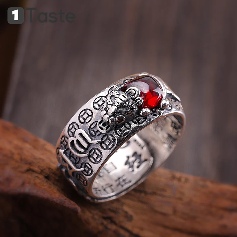 Мужское кольцо из тайского серебра ONE TASTE 925 пробы Китайское с надписью Lucky Beast Pixiu