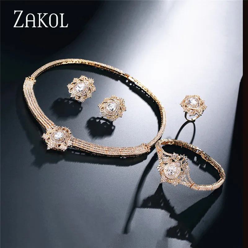 ZAKOL роскошные высококачественные циркониевые цветочные кольца браслет серьги