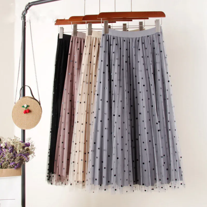 2019 осенние женские юбки модные Boho в горошек длинные с высокой талией Прозрачные