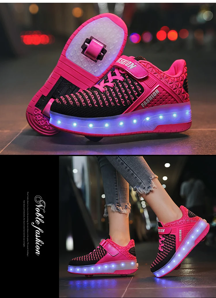 HYFMWZS Модные светодиодный Heelys обувь из дышащего материала, детское платье из двух спортивная обувь Съемная Детские Тонкие Туфли ролики срок производства тиража: 30-40