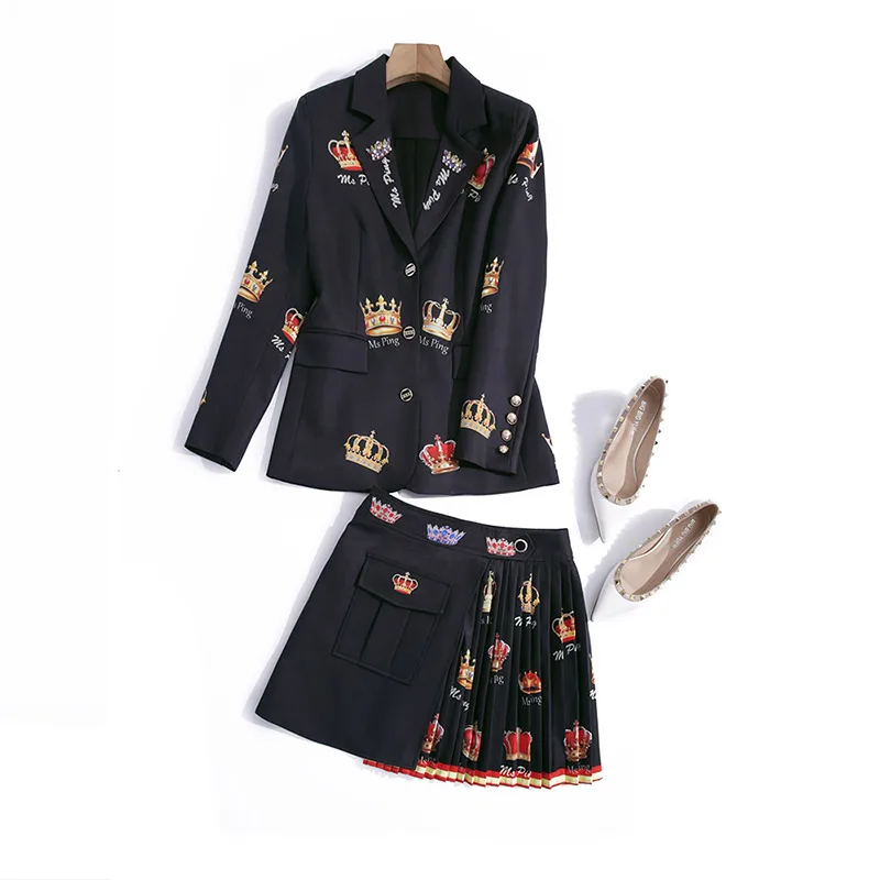 

2021 spring new women's Handmade nail bead diamond crown letter suit collar short coat pleated skirt suit