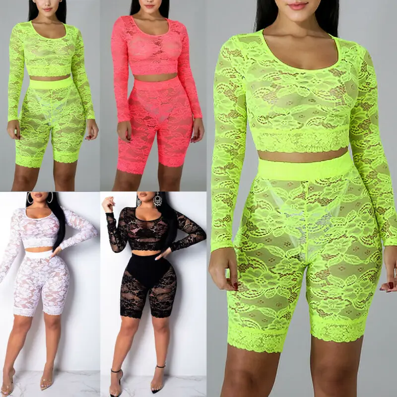 

Women Sexy Lace Crop Top Short Pants Bodycon Long Sleeve Evening Party 2 Piece Set Jumpsuit Romper