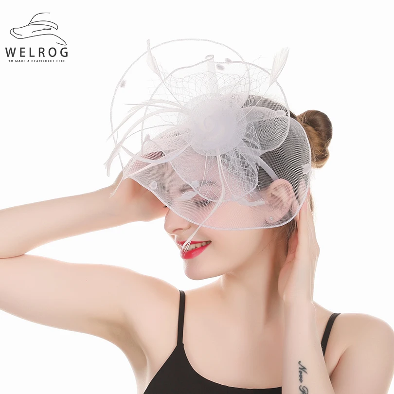 Вуалетка WELROG с натуральными перьями винтажная шляпка белыми и черными сетчатыми