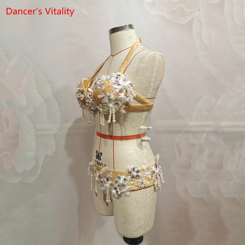 

Women Belly Dance Competition Outfits Customized Bead Diamond Bra Belt Set Oriental Indian Drum Dancing Performance Costume