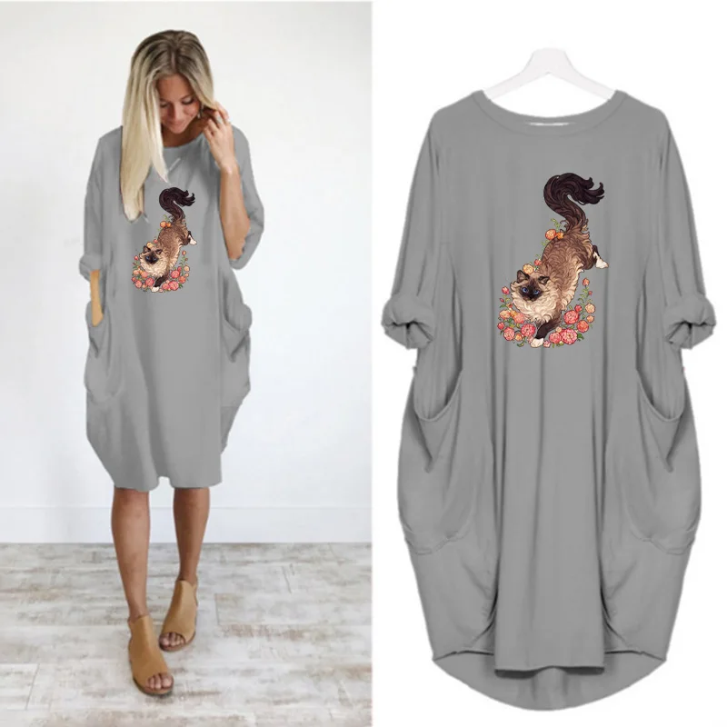 

Midi Bodycon Dress Women Print Loose Long Sleeve o Neck Pockets Sexy Party Beach Casual Vintage Vestidos Streetwear Robe Femme