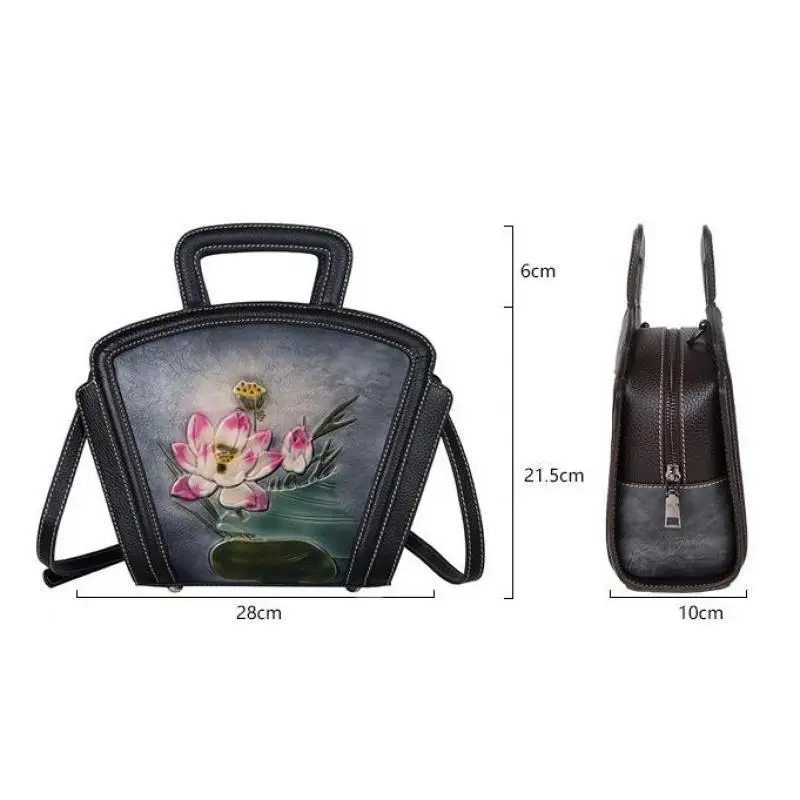 

Bestform Vintage Embossed First Layer Cow Leather Female Bag 2021 New Luxury Handbag Hand Painted Lotus Women Shoulder Bags
