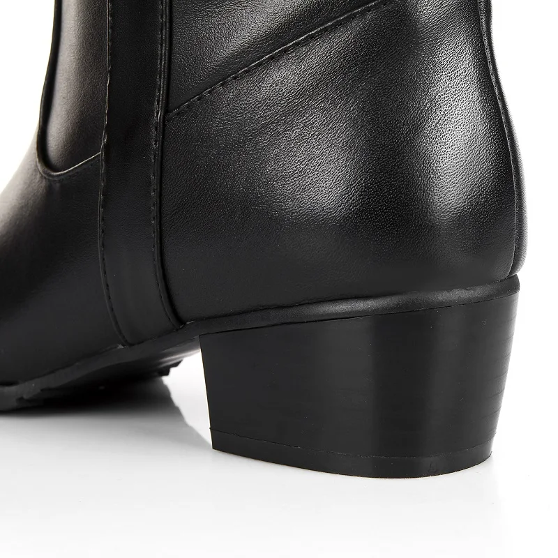 Женские Зимние ботфорты из натуральной кожи на толстом среднем каблуке с круглым