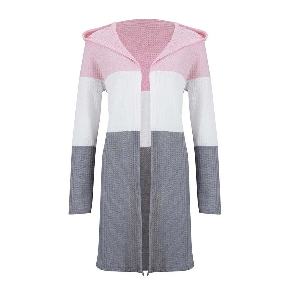 

Casual Tops Outwear Hooded Knitted Fashion Ladies Colorblock Daily Women Cardigan Slim Fit Open Front Patchwork Long Sleeve