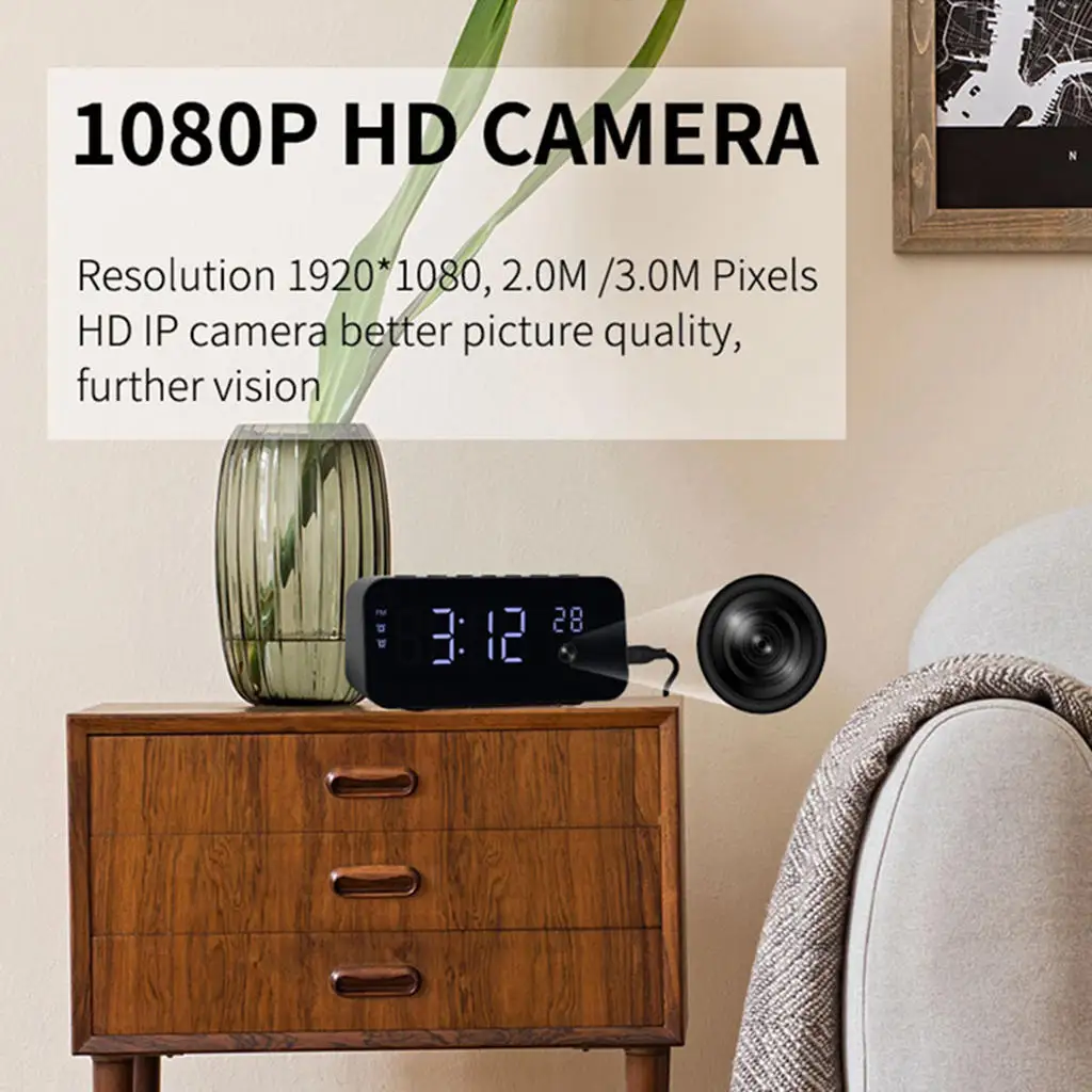 1080P Wireless WiFi Nanny Camera IR Night View Alarm Camcorder Two Ways Audio Brightness Adjustable HD Clock Camera Protable