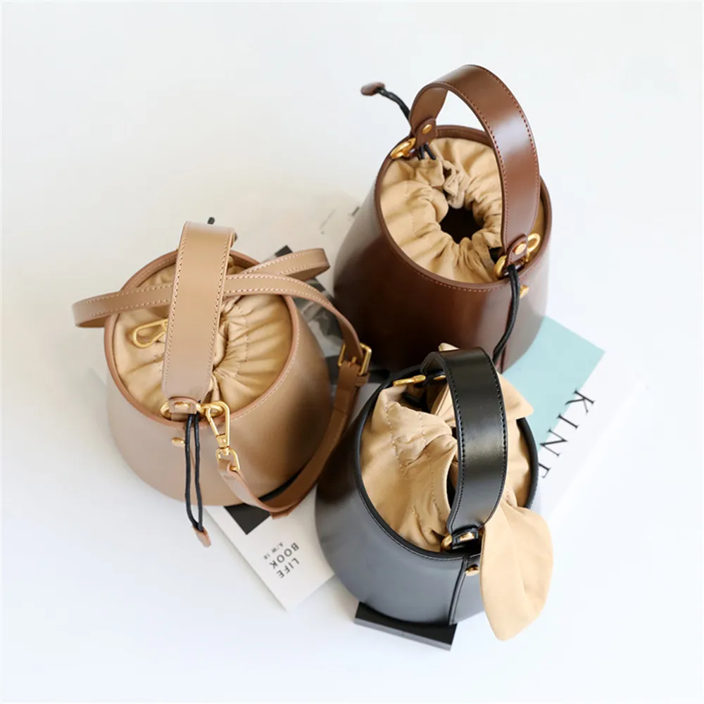 

Genuine Leather Female Bag Designer Brand Bag Mini Bucket Bag Solid Color Single Shoulder Messenger Bag High Quality Handbag