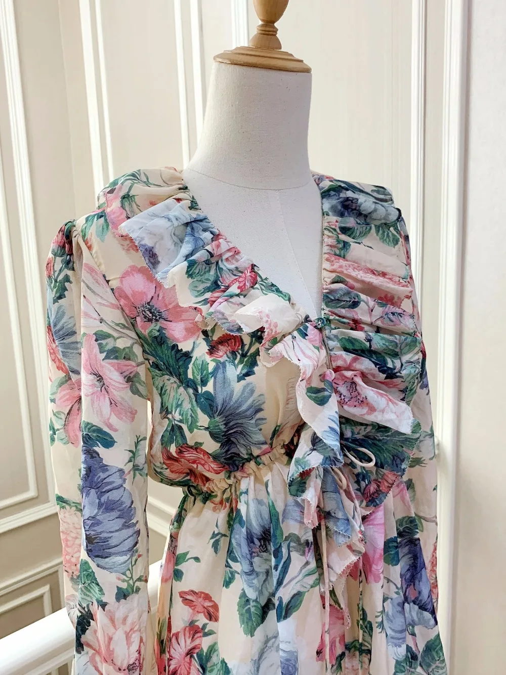 Women's New Summer Linen+ Silk Printing V-neck Long Sleeve Lacing Ruffle Fashion Playsuits