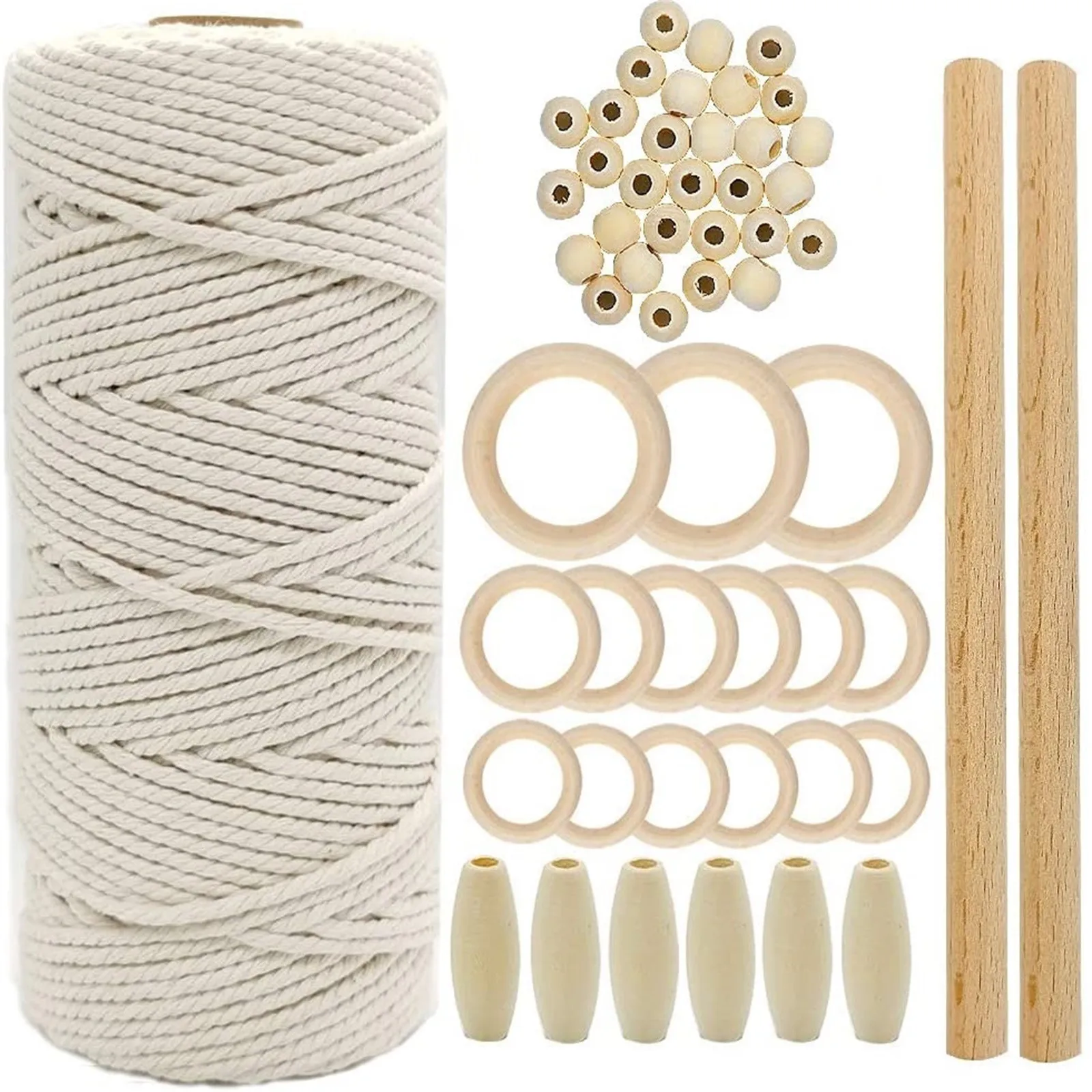 

Macrame Knotting Art Raw material Kit Cotton Yarn Cord With Wood Bead Ring Stick DIY Knitting Tapestry Coaster Bag Earrings