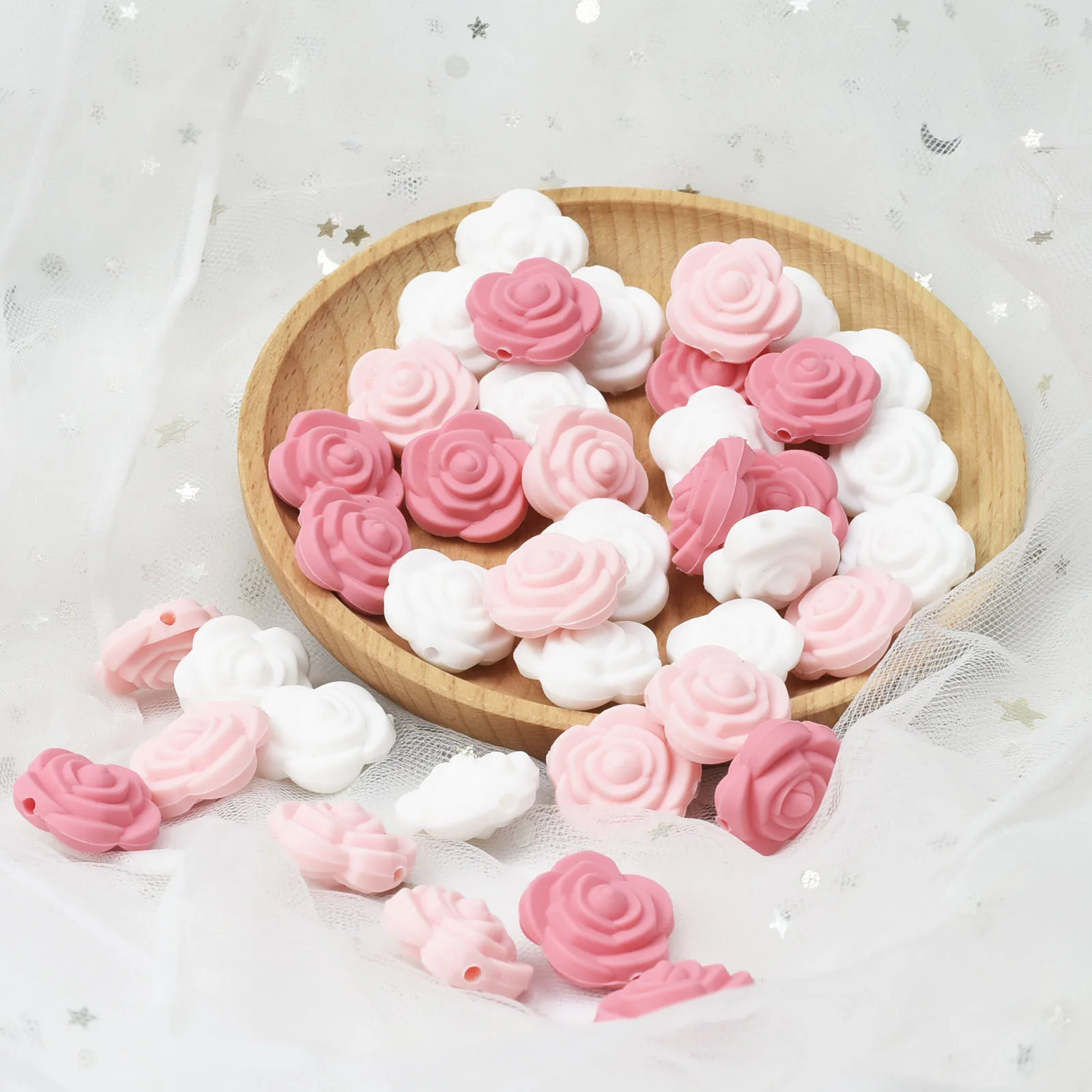 Cuentas de rosa de silicona sin BPA para ni&ntilde;a, mordedores de beb&eacute; con flores, collar de dentici&oacute;n, Juguetes DIY, 10/20 piezas-3