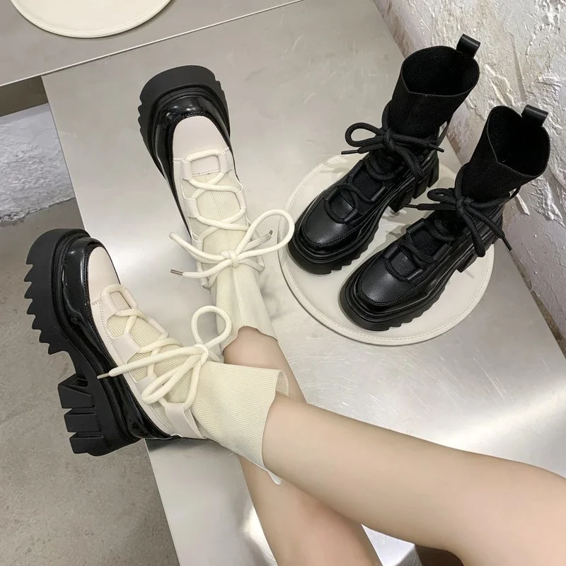 

Autumn Winter Black Short Boots New Women's Shoes 2021 Platform Boots for Women Chunky Heels Stretch Fabric