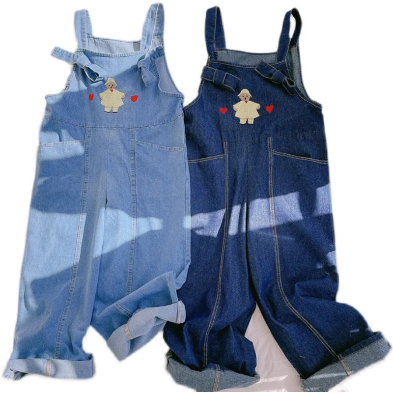 

Cute Embroidery Jeans Overalls Girl Spring Autumn NEW Casual Loose Sweet Small Fresh Trousers Female All-match Preppy Pants
