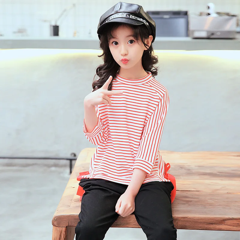 

Two-piece Suit New Autumn Striped Cotton T-shirt Top Black Trousers Korean Fashion Female Children's Toddler Girl Clothes